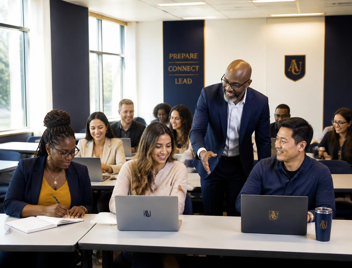 Diverse adult students learning with laptops and notebooks in a modern classroom
