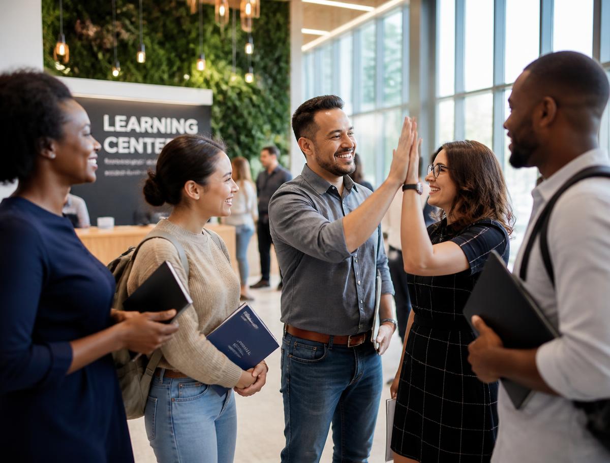 Students and professionals celebrating progress together in a learning center lobby