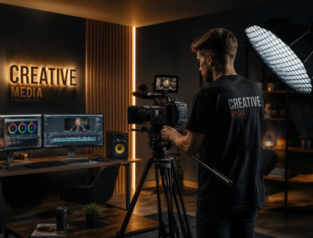 Videography student filming with a professional cinema camera beside an editing workstation