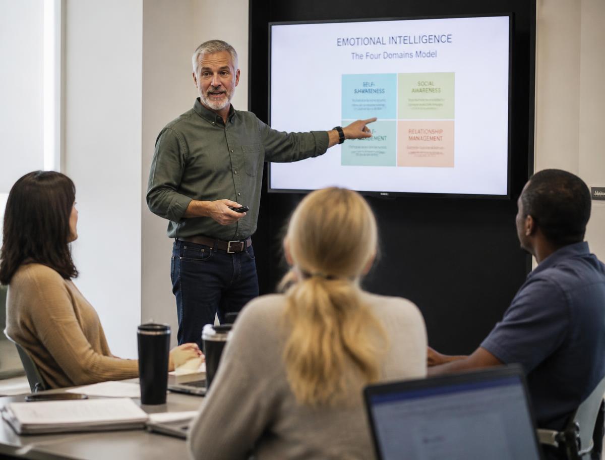 Experienced instructor teaching adult students in a modern classroom