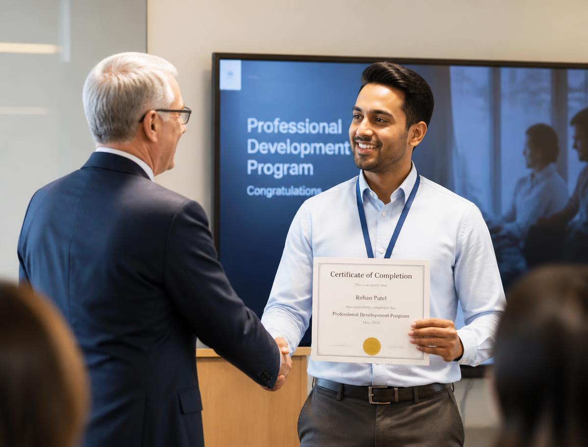 Adult learner receiving a certificate of completion at a training center
