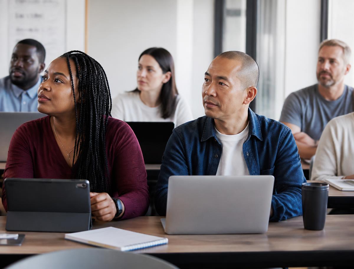Diverse adult learners studying together in a modern classroom